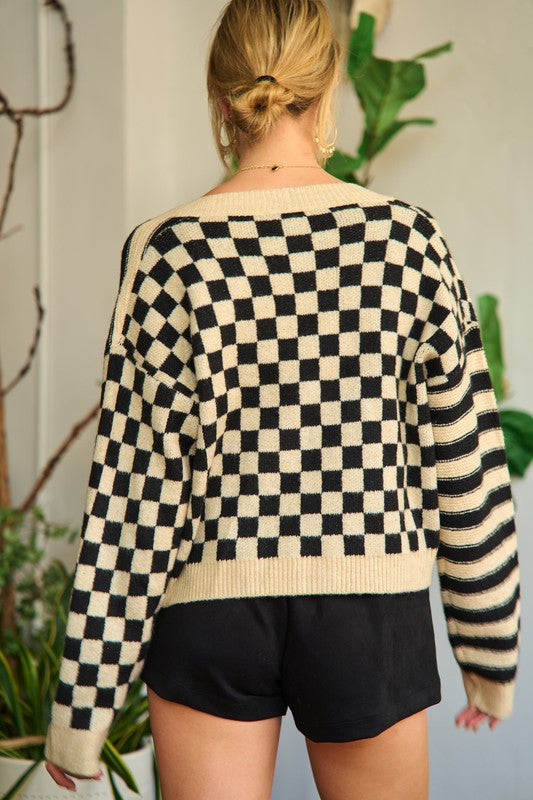 Contrast pattern sweater cardigan JJK5019